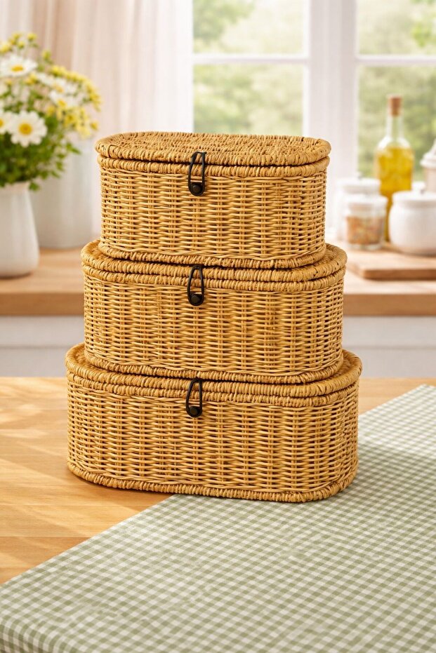 3-Piece Decorative Oval Wicker Multi-Purpose Organizer Basket