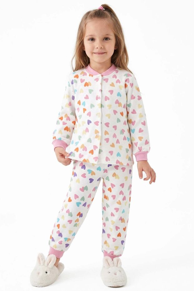 Girl's Ecru Pink Colored Heart Patterned Snap Fastener Pajama Set
