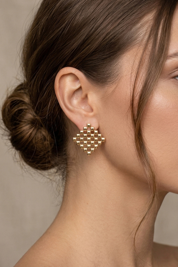 Women's Tile Pattern Rectangular Gold Earrings - 3