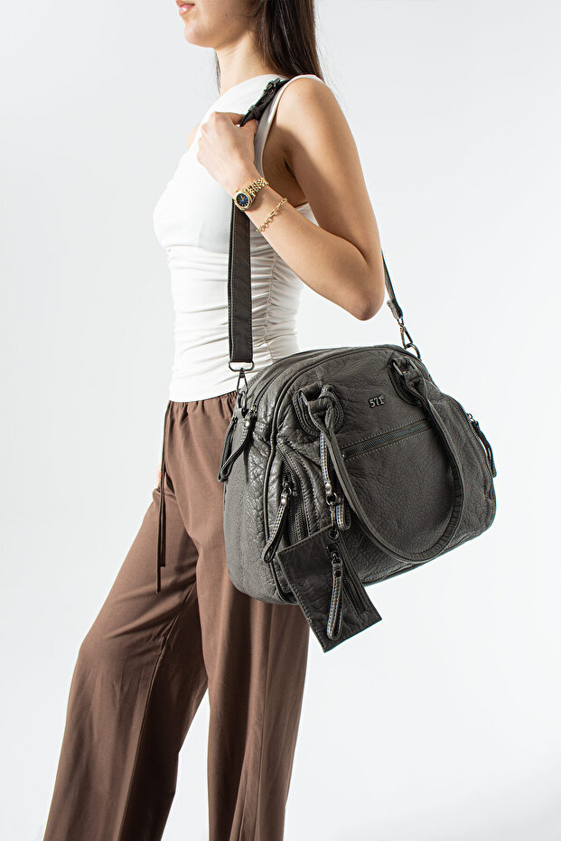 571 Imported Washed Leather 7-Compartment Wallet Detailed Crossbody and Shoulder Bag (Width 32.5 cm Length 31 cm)