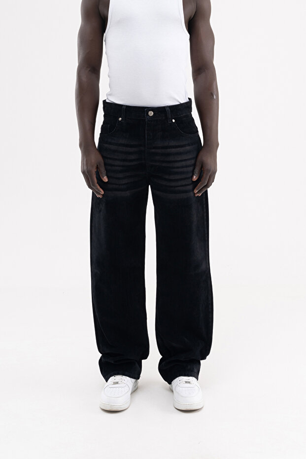 Men's Suede Finish Baggy Jean Trousers Black