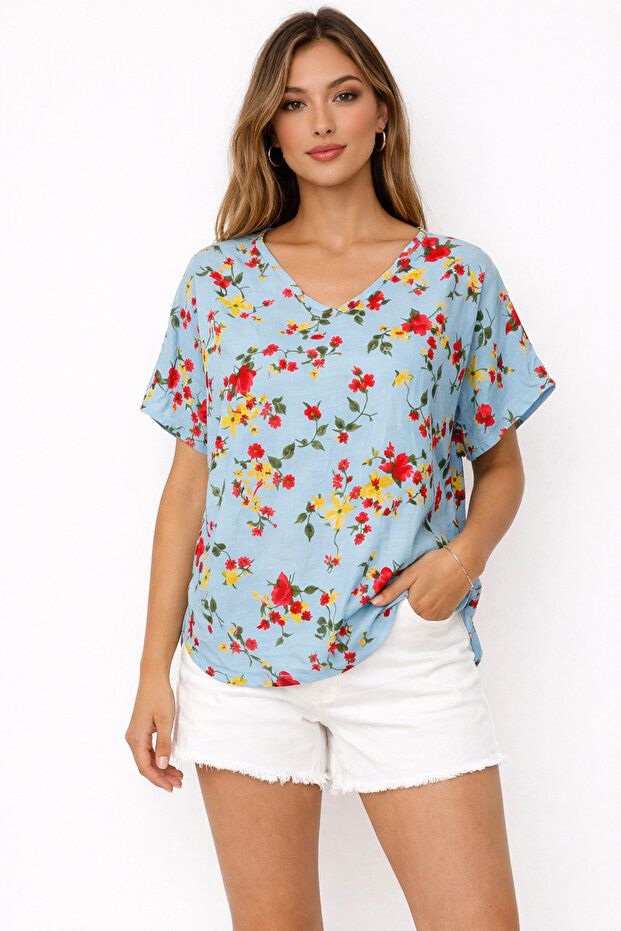 Women's Blue Floral Patterned Blouse – Summer Casual Fit Stylish Blouse |
