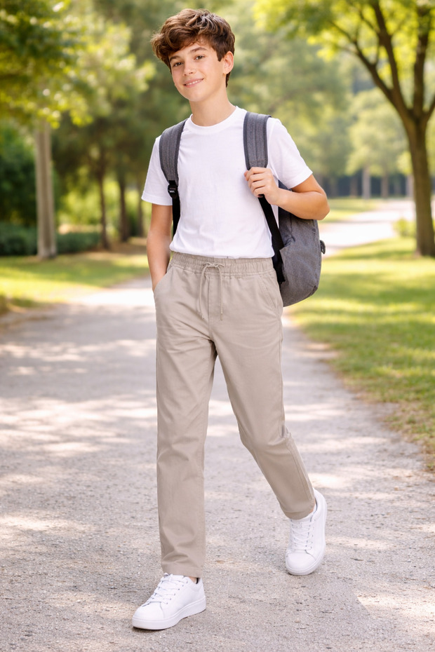 25904-26 Boy's Light Mink Elastic Waist Lace-Up Trousers Comfortable Fit Daily Use