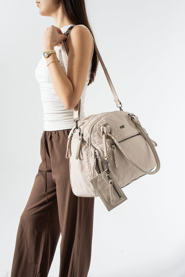 571 Imported Washed Leather 7-Compartment Wallet Detailed Crossbody and Shoulder Bag (Width 32.5 cm Length 31 cm)