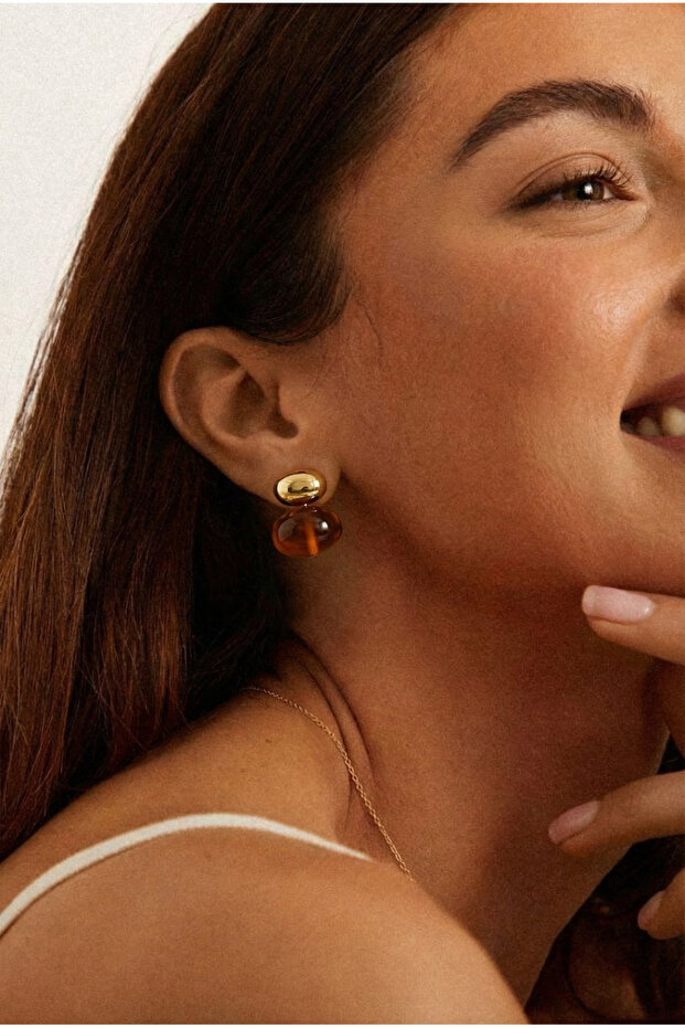 Women's Amber Stone Detailed Minimal Earrings