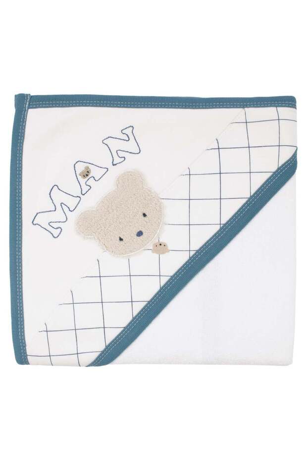Baby Boy Ecru Blue Man Embroidered Bear Embroidered Towel