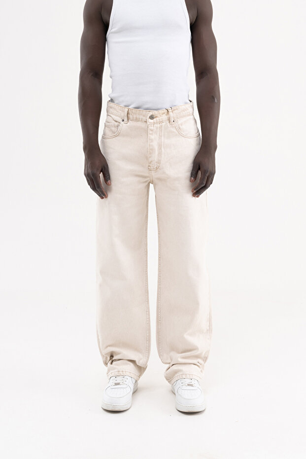 Men's Effect Washed Baggy Jean Trousers Stone