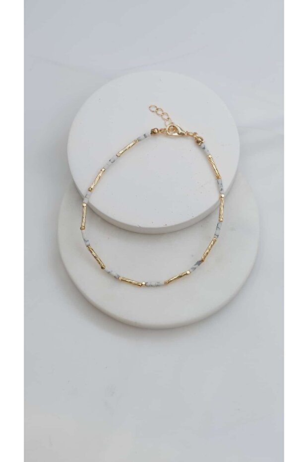 Gold Pipe Plate Stone Detail Anklet