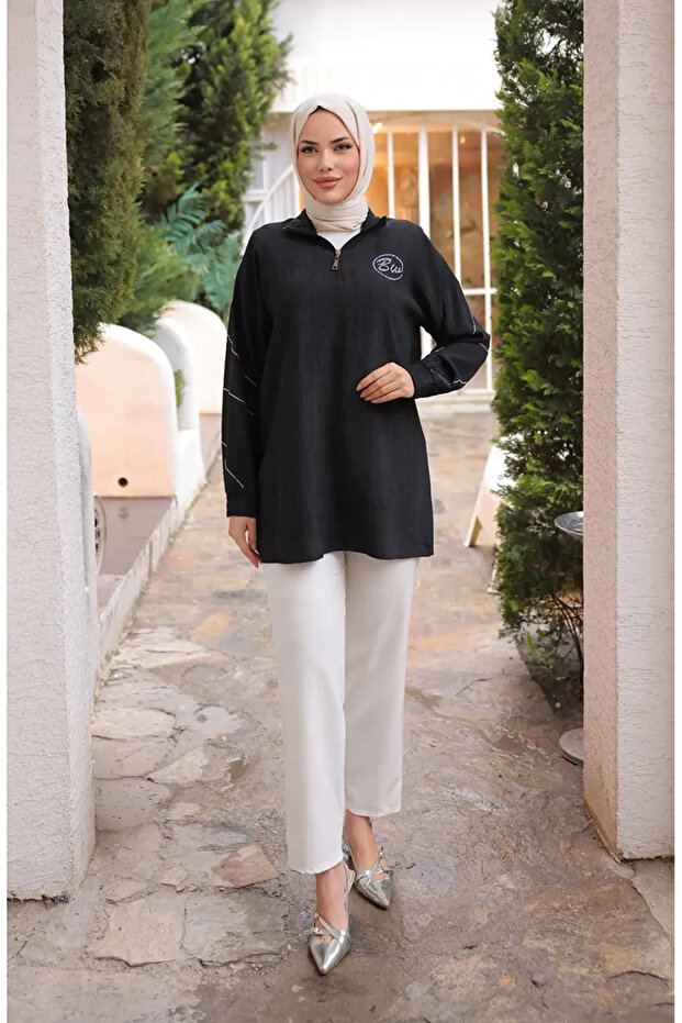Stone Detailed Zippered Tunic 71245-04 Black