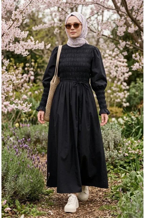 Gipe Detailed Hijab Dress 71272-02 Black