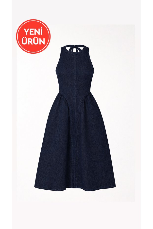 Women's Vintage Open Back Waist-Sitting Jean Dress Navy Blue