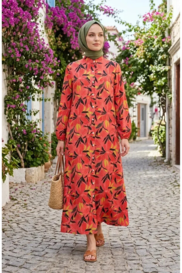 Floral Patterned Buttoned Dress 0259-01 Pomegranate Flower