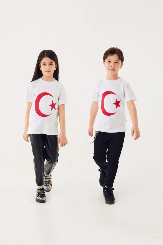 Kids Girls-Boys Moon Star Printed Turkish Flag Themed White Cotton T-Shirt