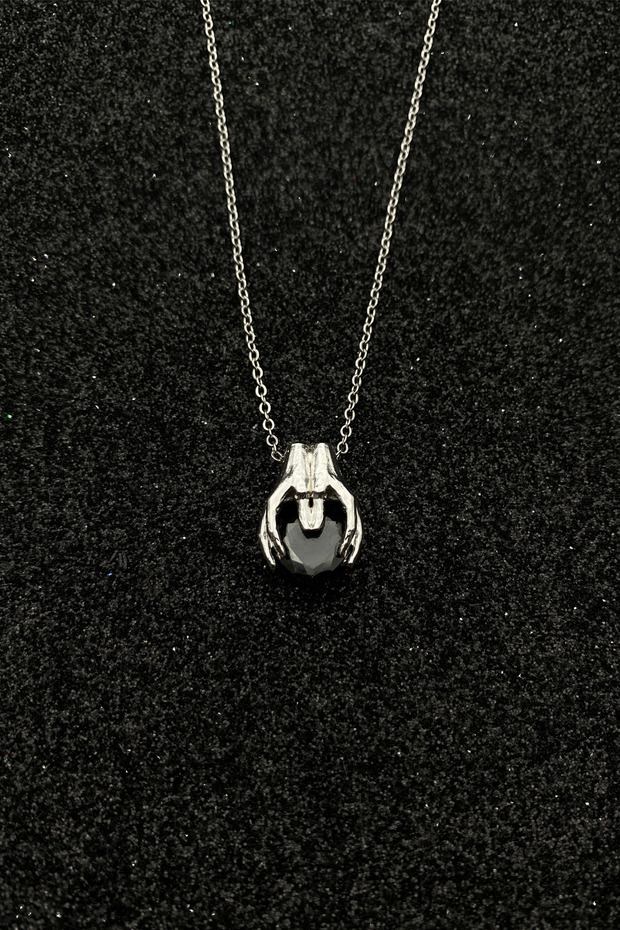 Black Heart Holding Hands Necklace, Gothic Design Steel Chain Glass Stone Pendant