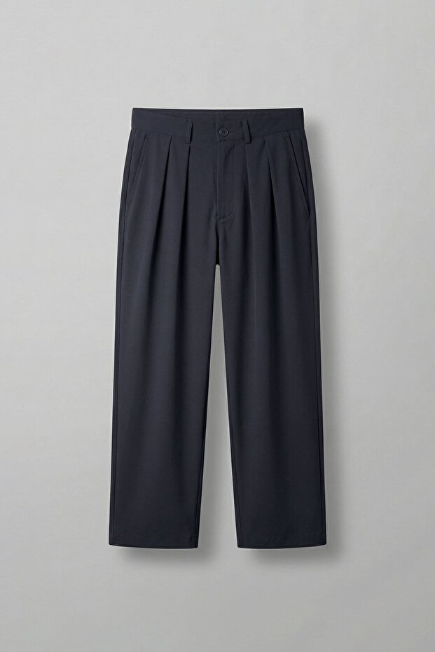 Men's Baggy Fit Pleated Stretchy Trousers Navy Blue