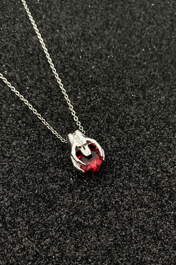 Ruby Red Heart Holding Hand Pendant, Steel Chain Glass Stone Pendant