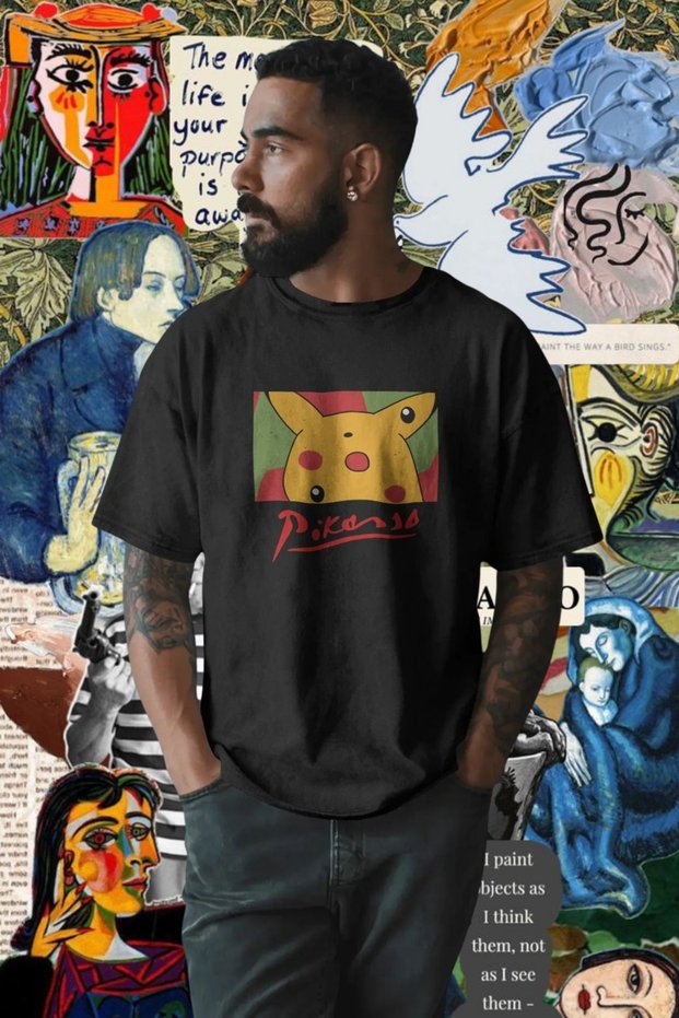 Pikachu Pikasso Printed Unisex Oversize 24/1 100% Cotton T-Shirt