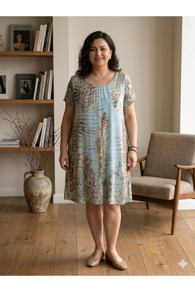 Women's Italian Baby Blue Round Neck Snakeskin Pattern Lined Short Sleeve Oversize Midi Dress