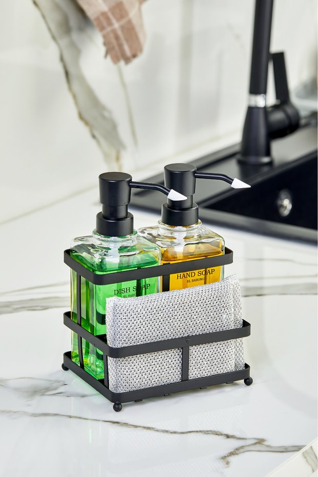 Nero Black Metal Stand Set of 2 Liquid Soap Dispensers - with Container
