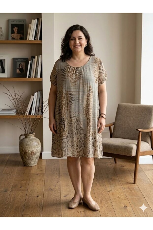 Women's Italian Mink Round Collar Snakeskin Pattern Lined Short Sleeve Oversize Midi Dress