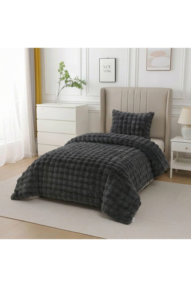 Single Bedspread Set Plush Rabbit Hair Quilt 2 Pieces Anthracite