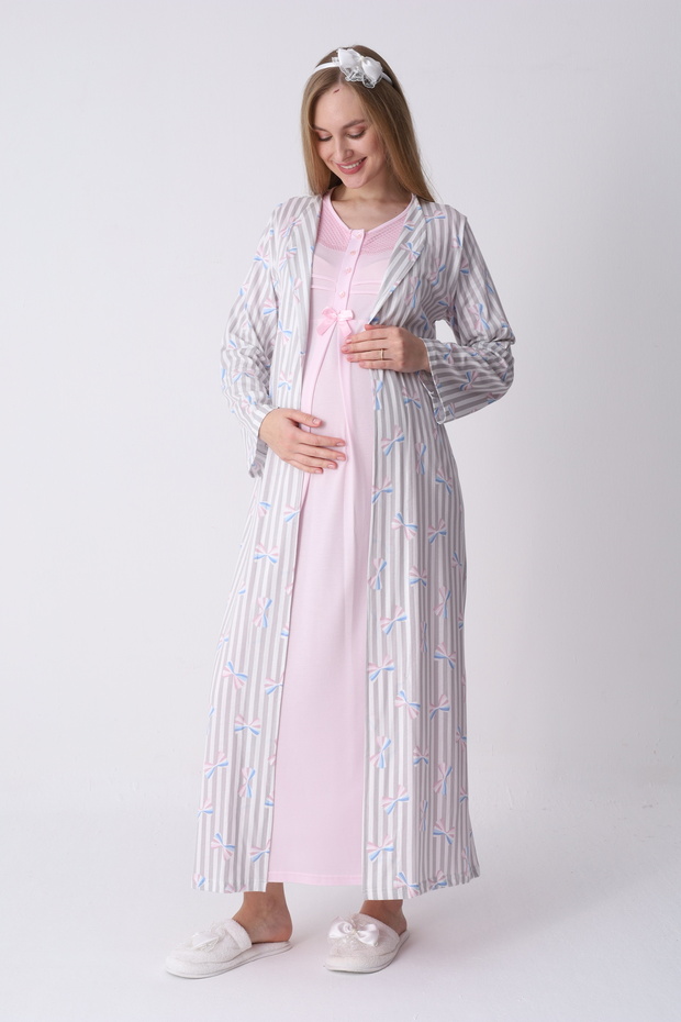 Patterned Robe, Short Sleeve Maternity Nightgown, 2-Piece Set