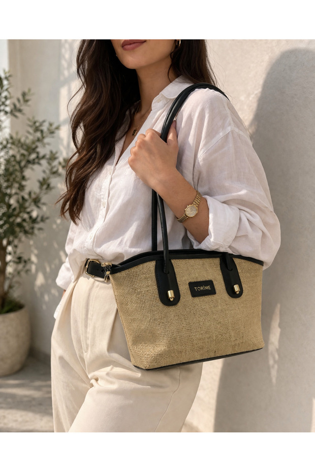 Straw Black Women's Shoulder Bag with Tan Leather Detail and Zipper, Stylish Daily Hand and Shoulder Bag