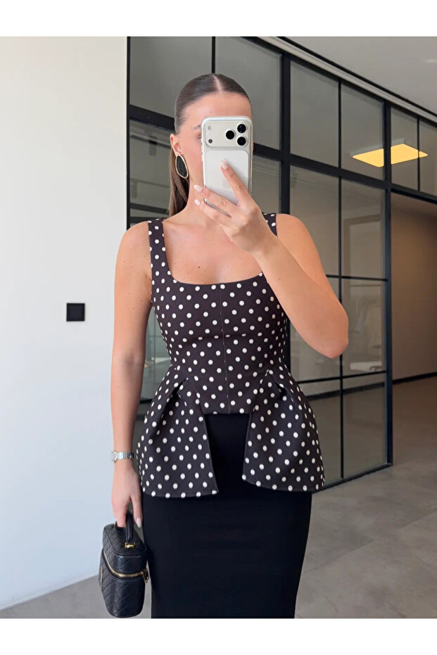 Bitter Brown Square Collar Polka Dot Blouse - 5081