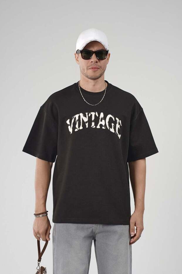 Vintage Lettered Crew Neck Oversize Men's T-Shirt