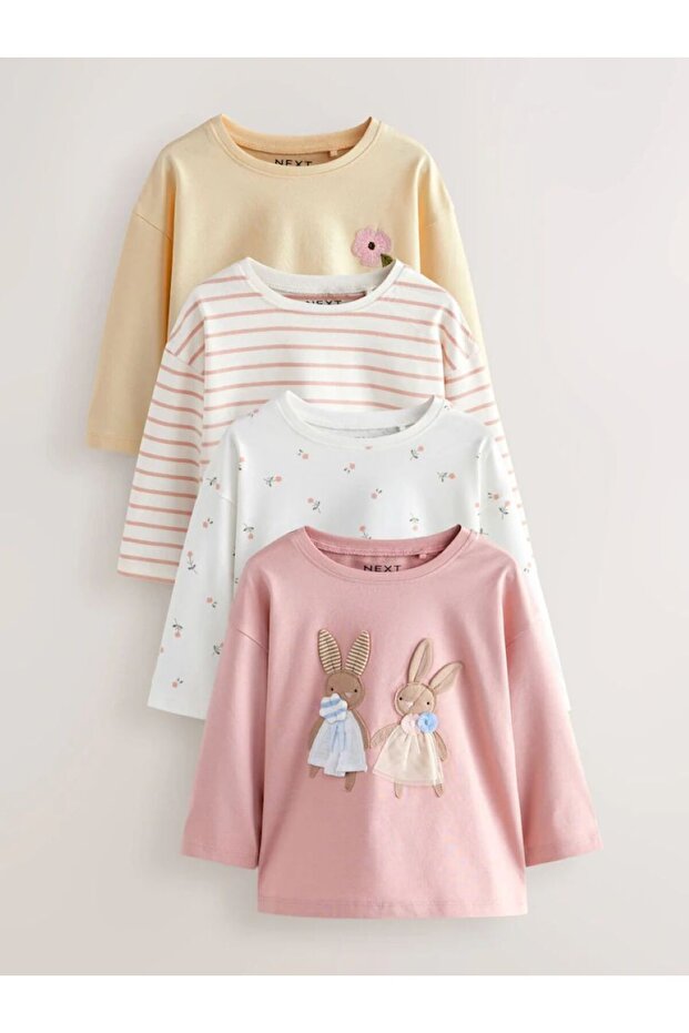 Cotton Pink Rabbit Patterned Long Sleeve 4-Piece Thsirt Set