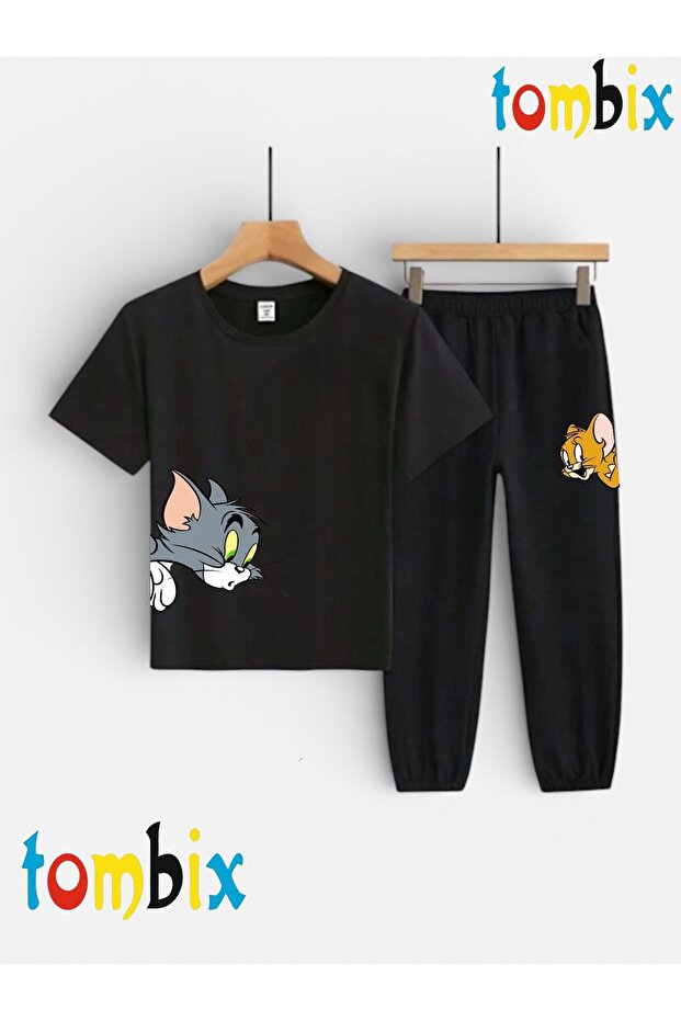 Cat-Mouse Printed T-Shirt and Sweatpants (Bottom Sweatpants with Pockets) Children's Top and Bottom Set