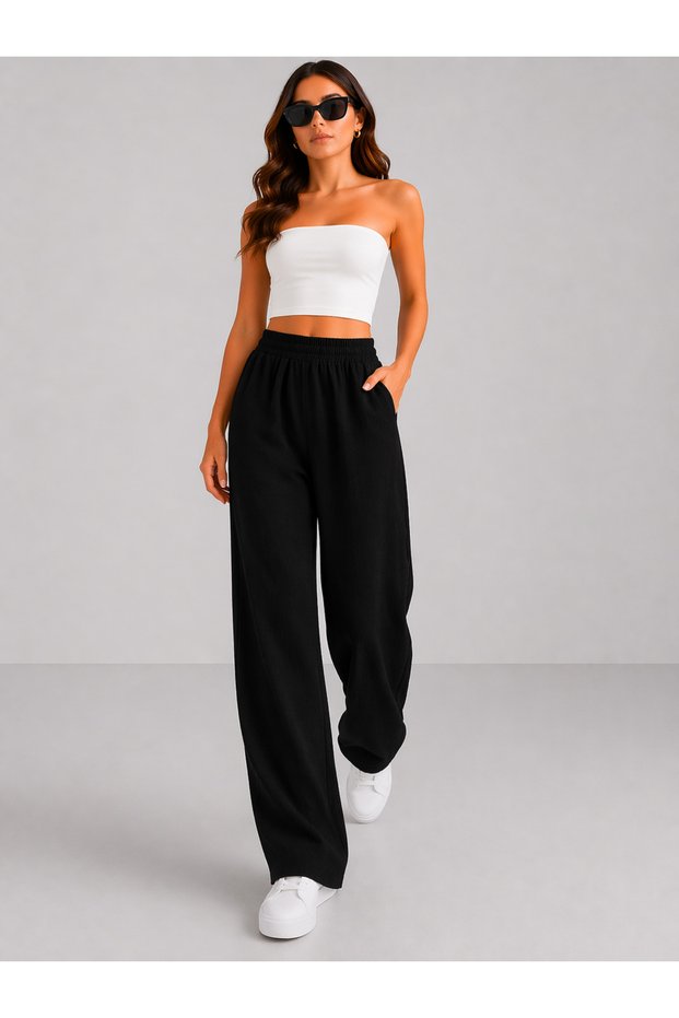Black 100% Linen High Waist Elastic Wide Leg Women's Trousers