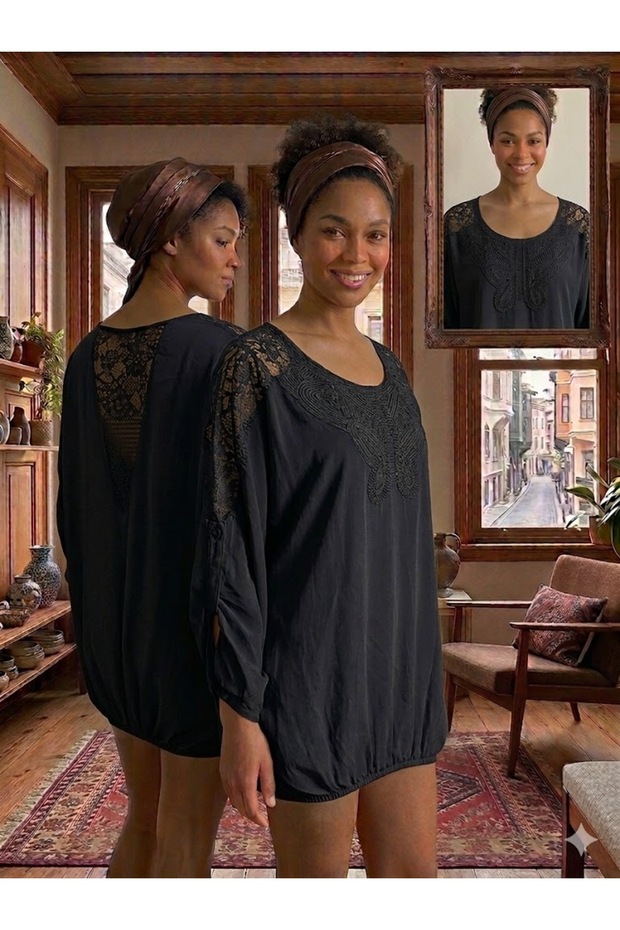 Women's Italian Black Round Sequin Butterfly Embroidered Silk Blouse with Lace Detail on the Back and Elasticated Skirt