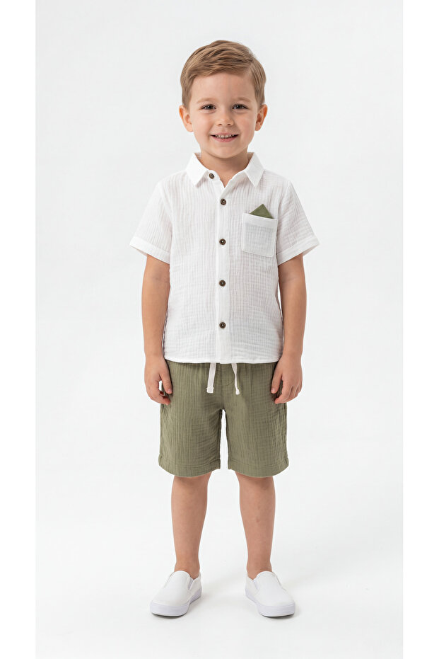 Pocket Detailed Buttoned Short Sleeve Boys' Shirt & Shorts Set
