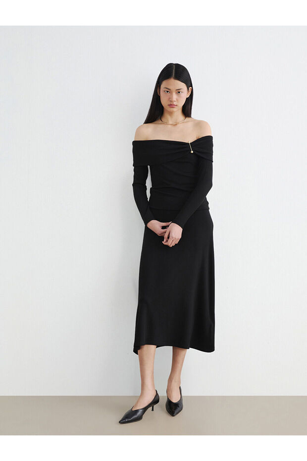 Nevavm A-Line Ribbed Skirt with Elastic Waist