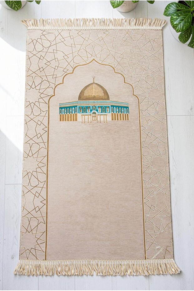 Al-Aqsa Mosque Patterned Chenille Prayer Rug - Cream