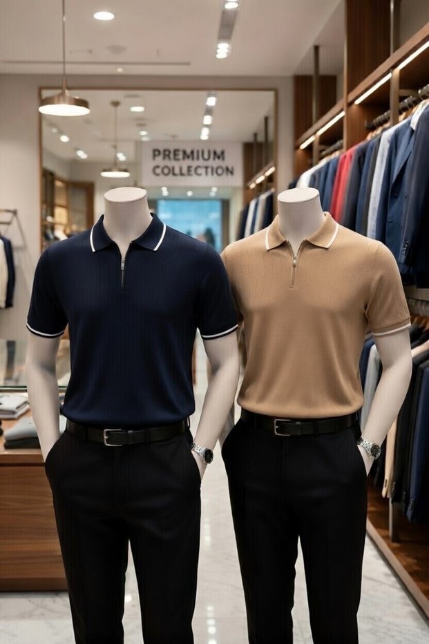 2-Pack Advantageous Set Men's 100% Cotton Polyoca Tricot T-Shirt Zipper Line Patterned Textured T-Shirt