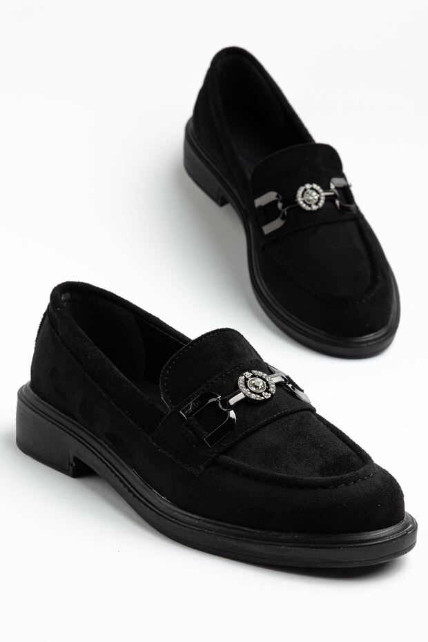 Naty Rome Black Suede Buckle Detail Women's Loafer Shoes