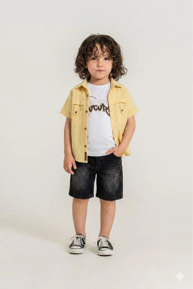 Boys' 3-Piece Shorts Set - 100% Cotton Premium Series Shirt and Denim Shorts