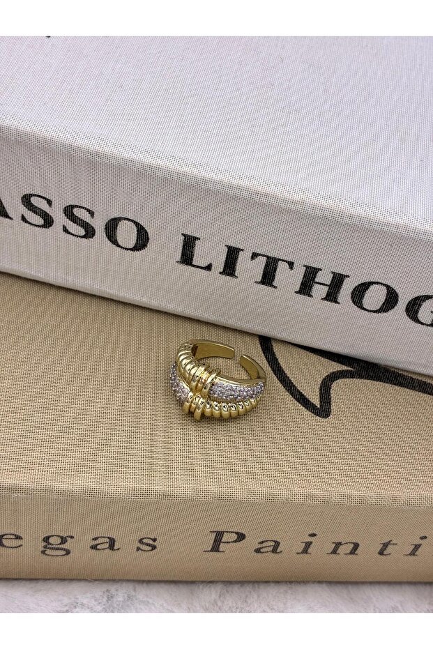 Gold Color Double Row Middle Knotted Zircon Stone Special Series Adjustable Brass Ring T4