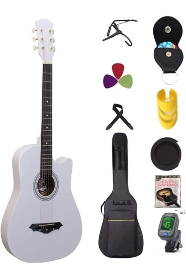 Combo Offer White Acoustic Guitar with Bag picks Strap,Capo, And Etc