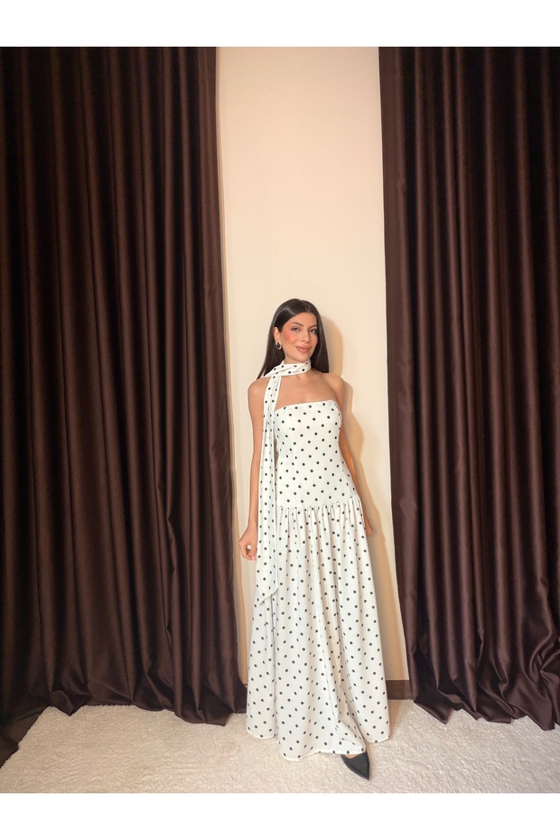 Women's Shawl Detailed Strapless Collar Polka Dot Long Dress