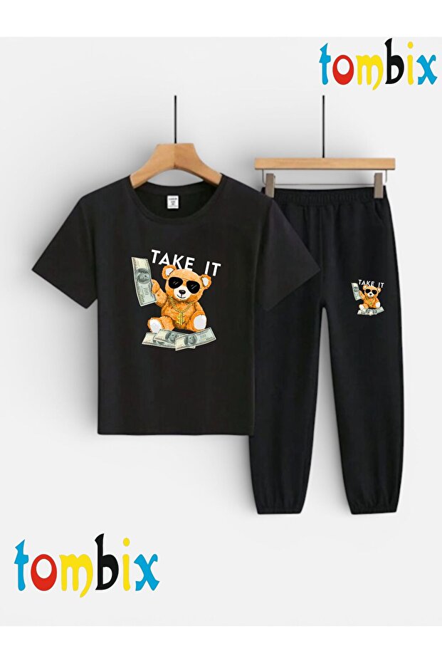 Take It Ayicik Printed T-Shirt and Sweatpants (Sweatpants with Pockets) Children's Top and Bottom Set