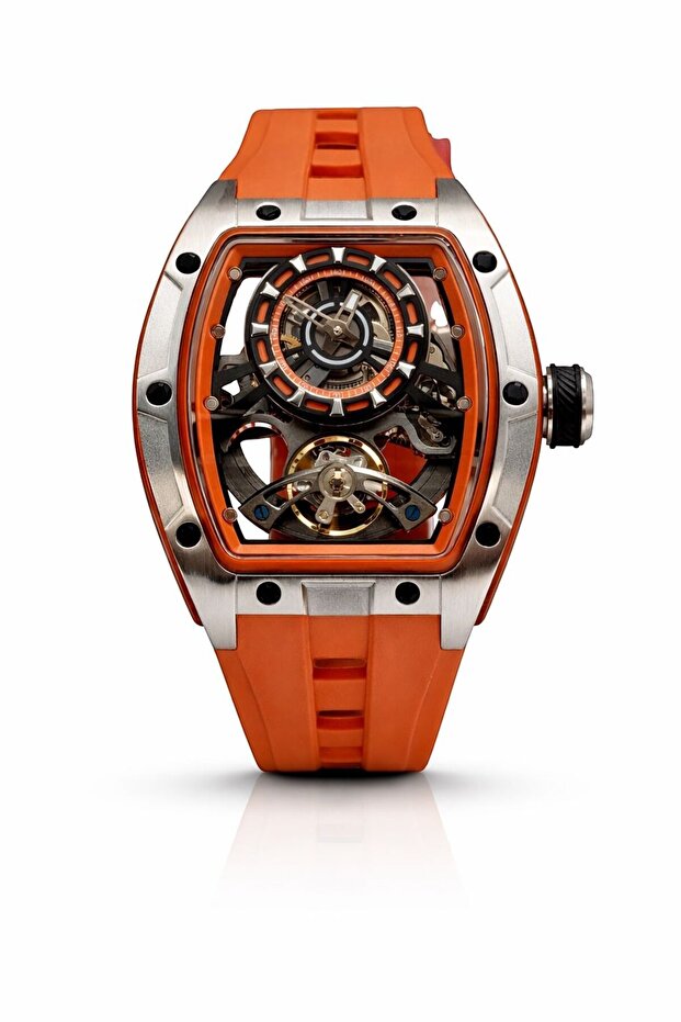 Phantom Skeleton Automatic Watch for Men – Luxury Tonneau Dial, Orange Silicone Strap,