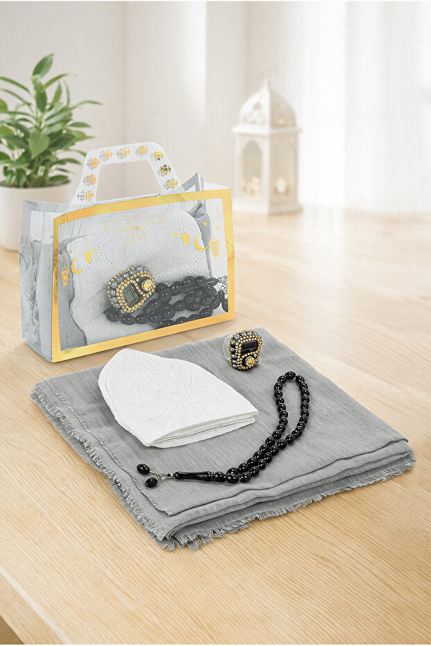 Scarf Cover Set with Bag - Mevlüt Gift Set with Skullcap, Prayer Beads and Stone Zikirmatik - Gray