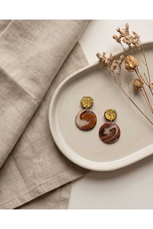 Gold Brown Polymer Clay Handmade Nail Earrings (Stainless Steel Apparatus)
