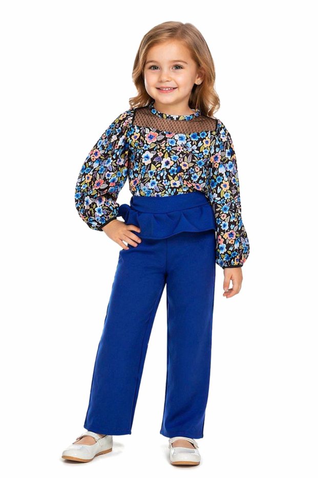 Girl's Tulle Detailed Floral Patterned Blouse and Trousers Blue Color Two-Piece Set