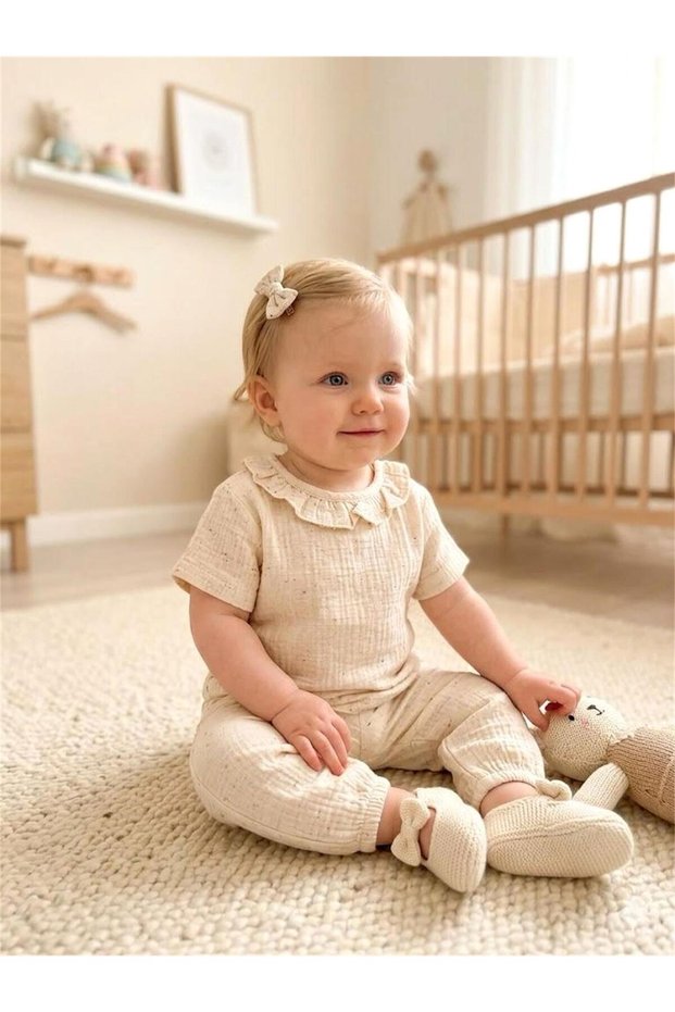 Baby Bebek Nope Theme Muslin Ruffle Collar T-Shirt Beige 18140