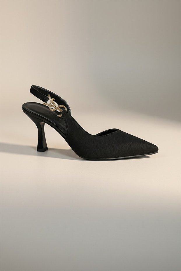 Arici Black Thin Heel Pointed Toe Women's Shoes with Bronze Ankle Buckle