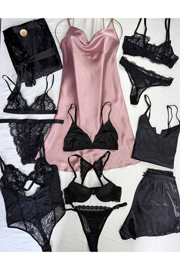 Satin Dressing Gown Nightgown Underwear Boxed Dowry Set 12 Pieces